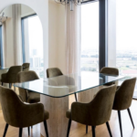 Glassy Glow Travertine Dining Table with U-Shape Legs