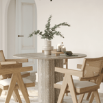 Thalassa Round Grey Travertine Dining Table with Three Legs