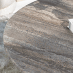Thalassa Round Grey Travertine Dining Table with Three Legs