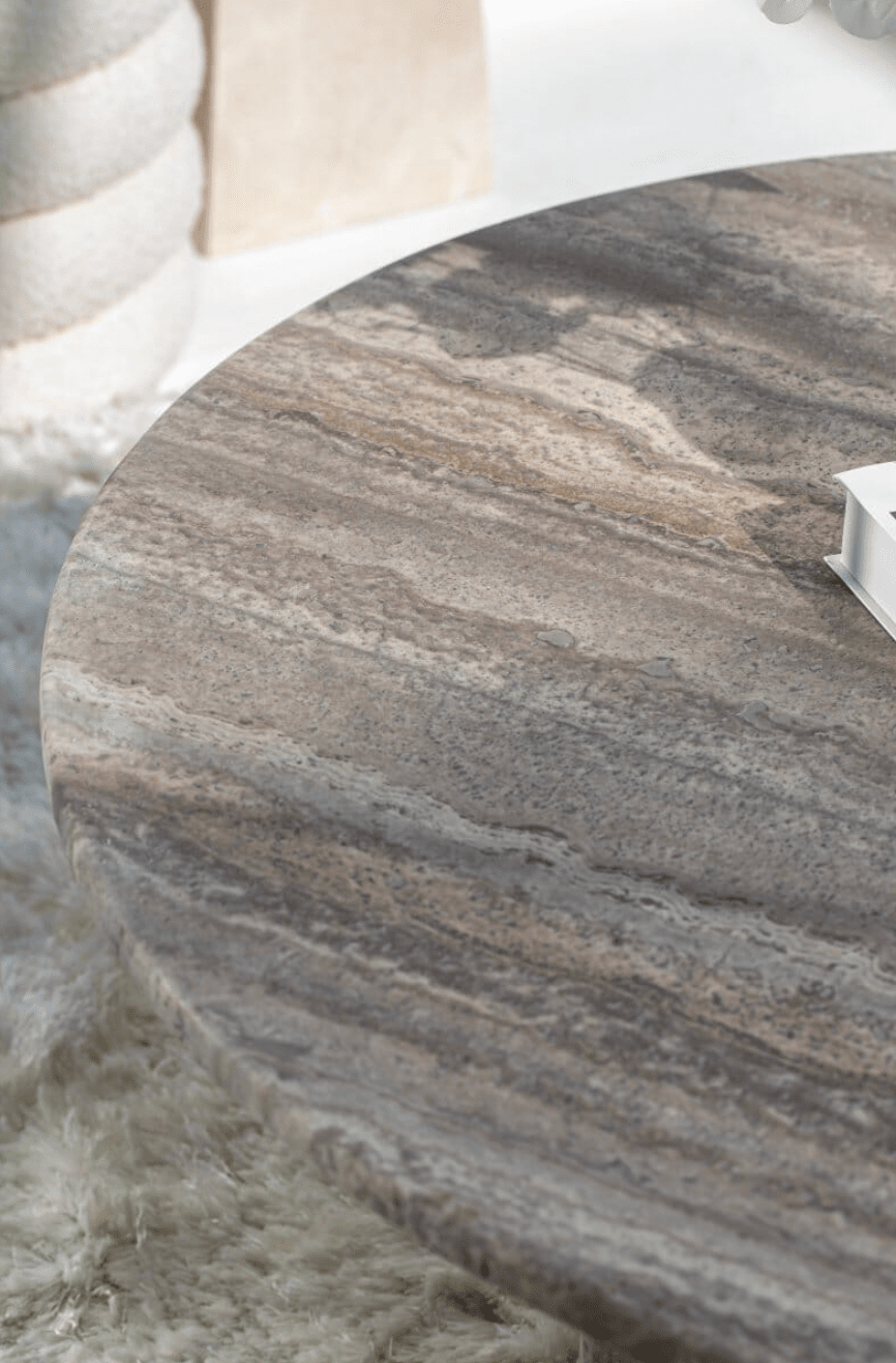 Thalassa Round Grey Travertine Dining Table with Three Legs - Image 2