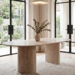 Dakota Beige Travertine Dining Table with Half Moon Legs