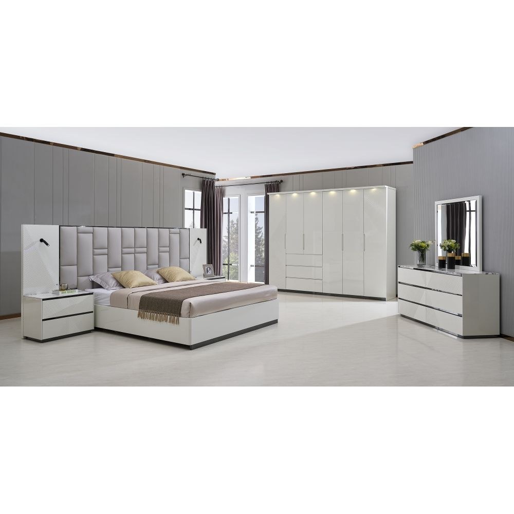 Petruci 180x200 King Bed with Reading Lamps-White/Black-With 2-Year Warranty - Image 5