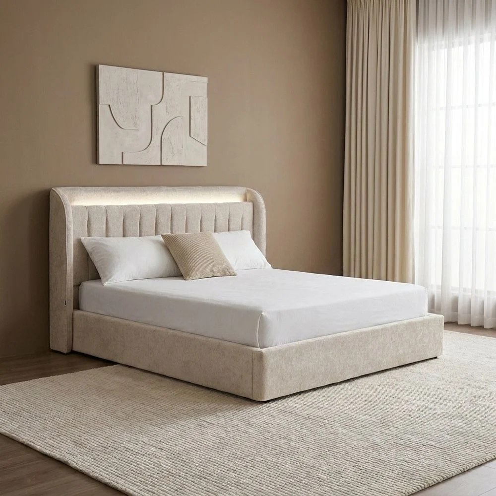Santelmo 180x200 King Bed with LED Lights-Beige-With 2-Year Warranty
