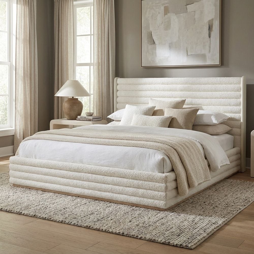 Brita 150x200 Upholstered Queen Bed-Off White/Beige-With 2-Year Warranty