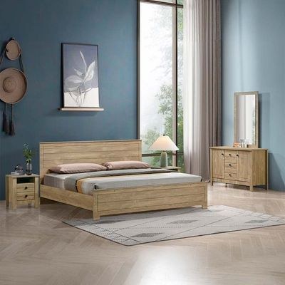 Athens 180x200 King Bed Set with 2 Nightstands & Dresser/Mirror-Light Oak-With 2-Year Warranty