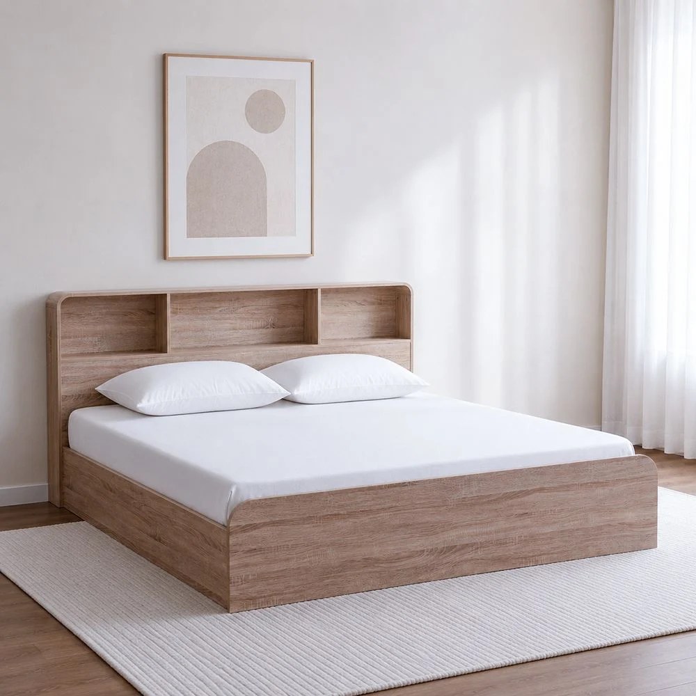 Monro 150X200 Queen Bed With Underbed & Headboard Storage-Natural Oak
