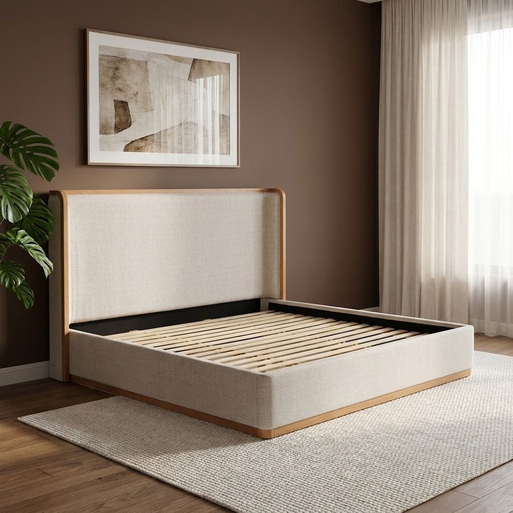 Nordomi 200X200 Upholstered Super King Bed w/ Solid Wood Frame -Beige/Natural - Image 5