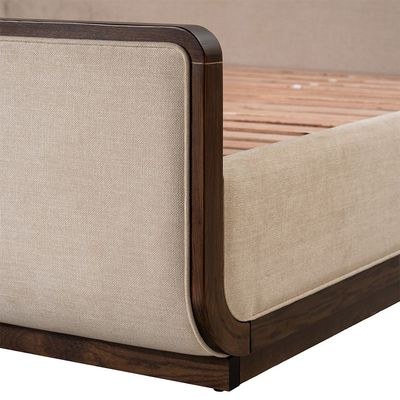 Oboro 200x200 Upholstered Super King Bed with Solid Wood Frame - Beige/Walnut - With 2-Year Warranty - Image 4