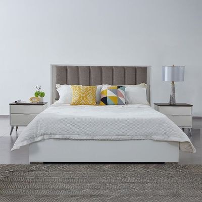 Sparkle 160x200 Queen Bed with Upholstered Headboard & LED - High Gloss White & Beige - With 2-Year Warranty