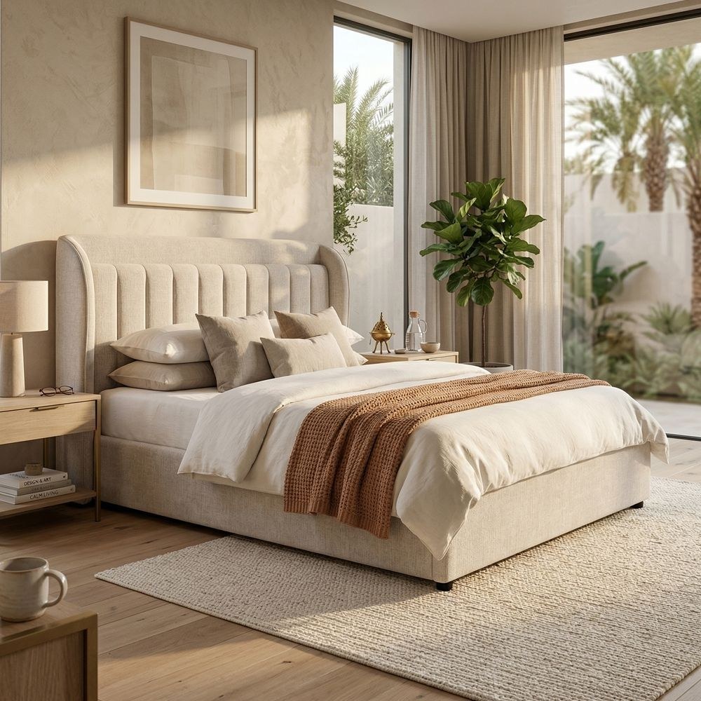 Santelmo 150X200 Queen Bed With Led Light & Hydraulic Underbed Storage - Beige