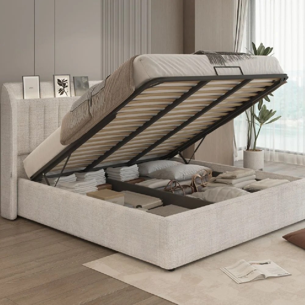 Santelmo 150X200 Queen Bed With Led Light & Hydraulic Underbed Storage - Beige - Image 3