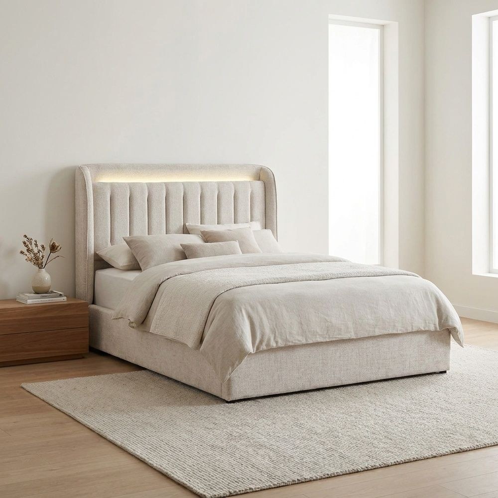 Santelmo 180X200 King Bed With Led Light & Hydraulic Underbed Storage - Beige