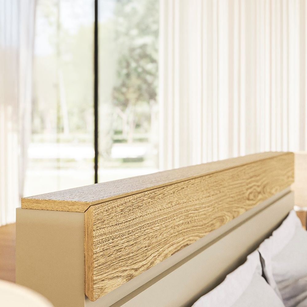 Bellano 160x200 Queen Bed With Headboard Storage - Taupe/Oak - Image 3