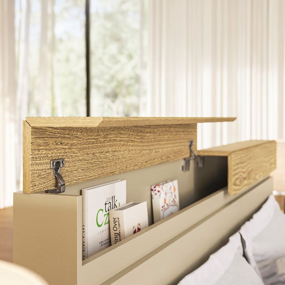 Bellano 160x200 Queen Bed With Headboard Storage - Taupe/Oak - Image 4