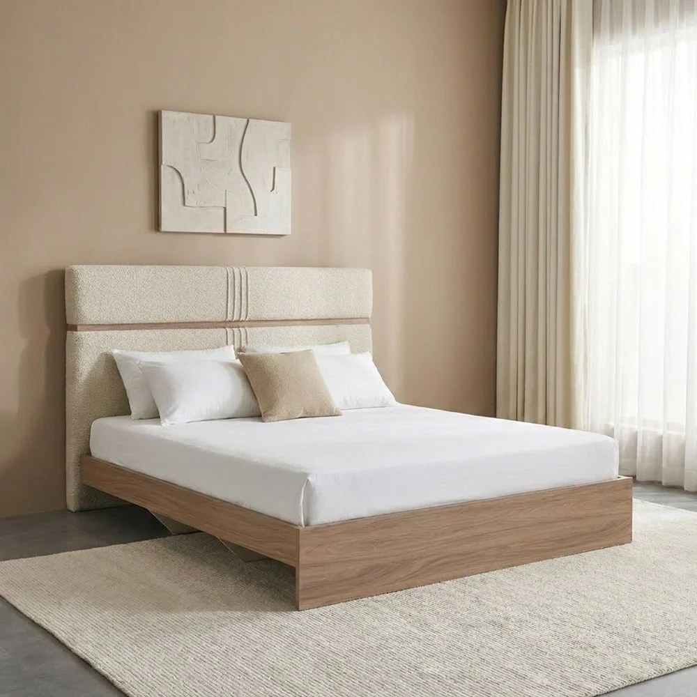 Vallary 180x200 King Bed WithUpholstered Headboard- Grey Walnut/Dark Beige