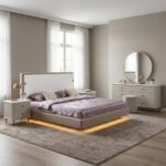 Armonia 200x200 Upholstered Super King Bedset With Remote Control LED & 2 Night Stand and 6 Drawer Dresser with Mirror & Stool - Taupe