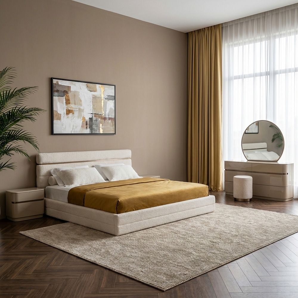 Revora 200x200 Upholstered Super King Bedset With 2 Night Stand and 6 drawer Dresser with Mirror & Stool - Dark Beige/Brass
