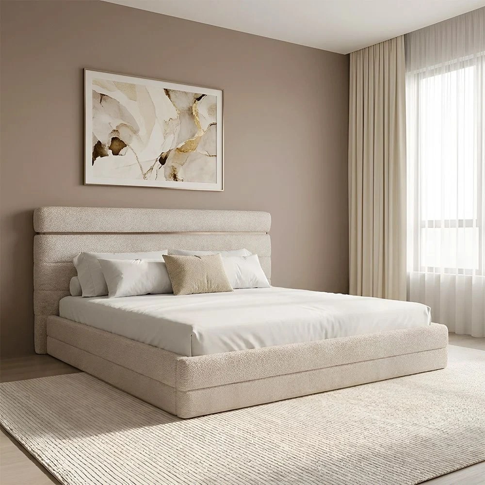 Revora 200x200 Upholstered Super King Bedset With 2 Night Stand and 6 drawer Dresser with Mirror & Stool - Dark Beige/Brass - Image 2