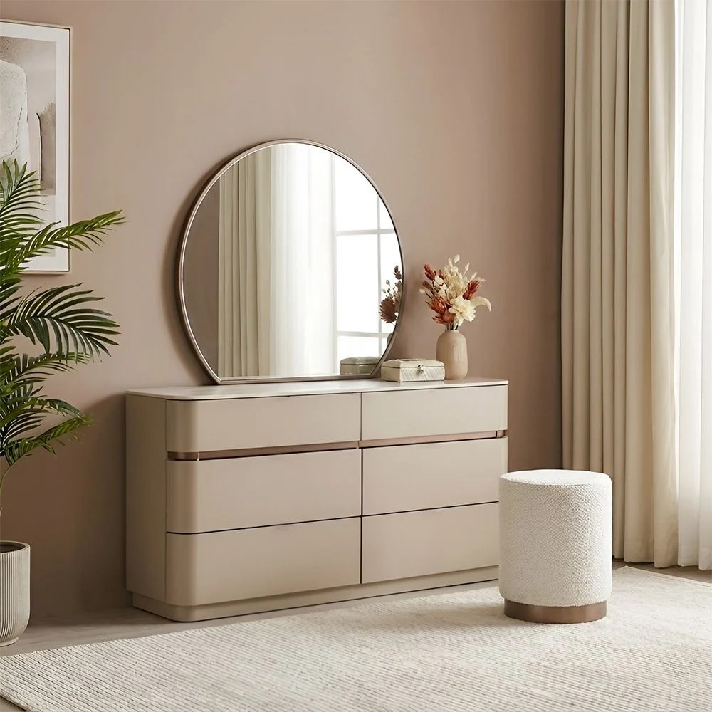Revora 200x200 Upholstered Super King Bedset With 2 Night Stand and 6 drawer Dresser with Mirror & Stool - Dark Beige/Brass - Image 3