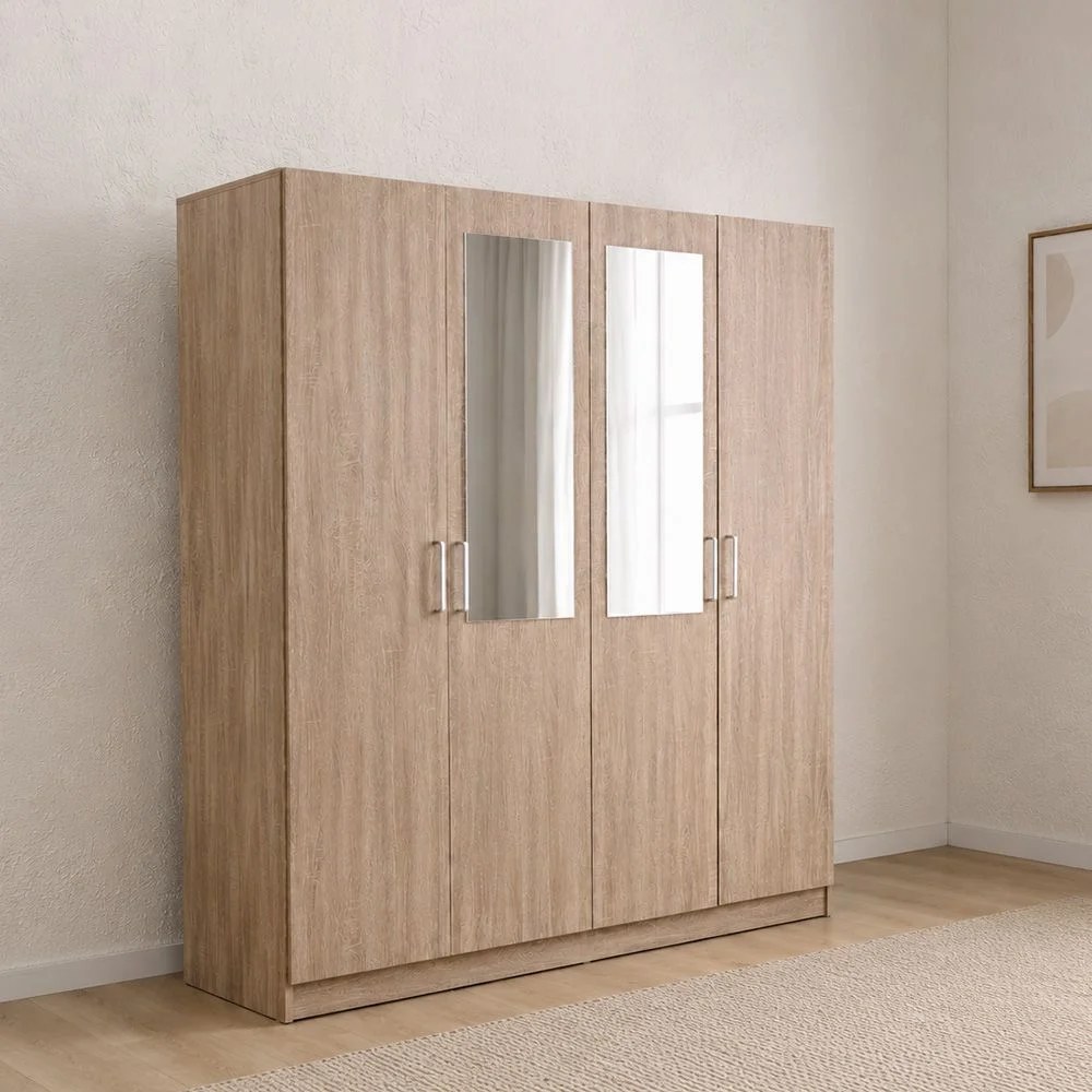 Supreme 4-Door Wardrobe with Mirror-French Sonoma Oak-With 2-Year Warranty