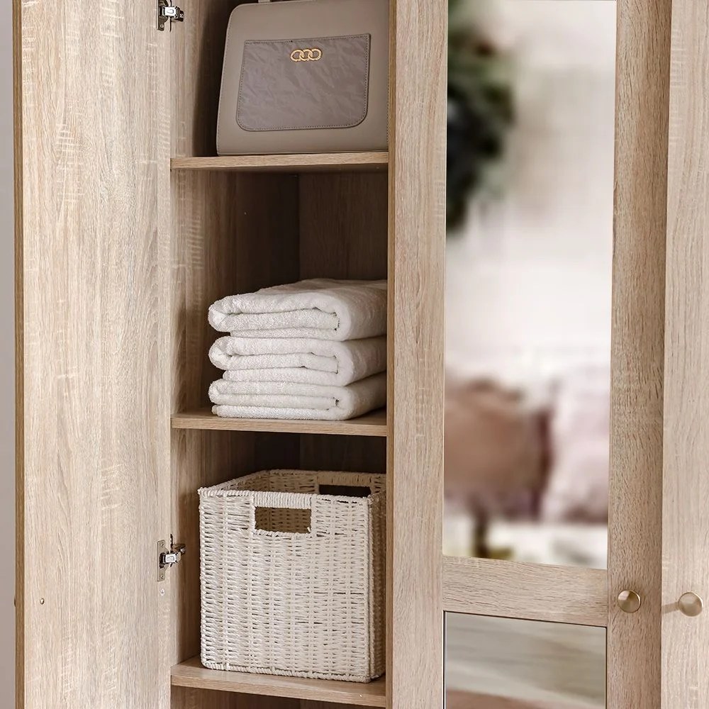Monro 3-Door Wardrobe with Mirror - Natural Oak - With 2-Year Warranty - Image 3