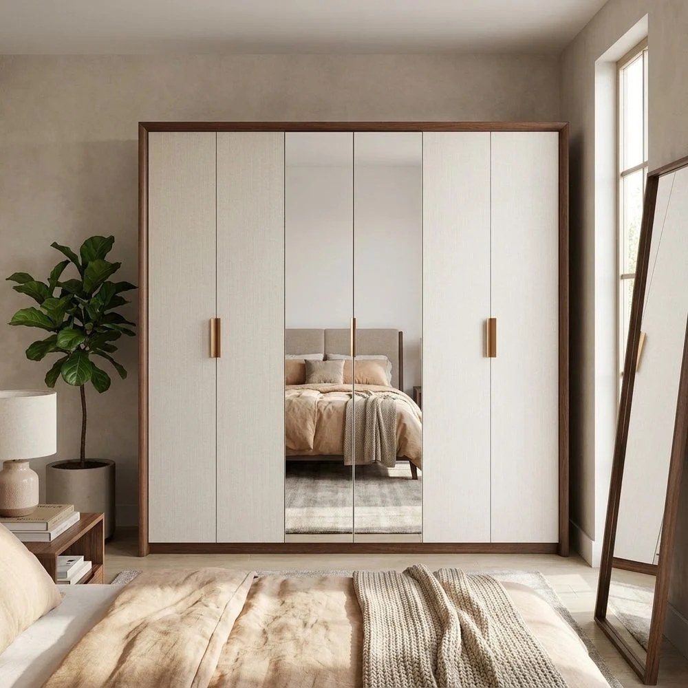 Terakkai 6 Door Wardrobe With 2 Mirror-Walnut/Beige/Bronze