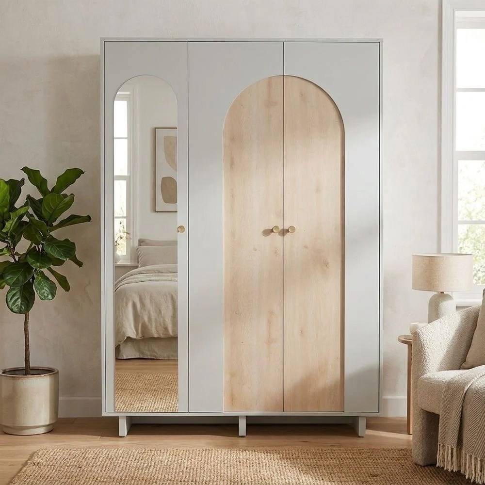 Reena 3 Door Wardrobe-Dark Biege/Natural