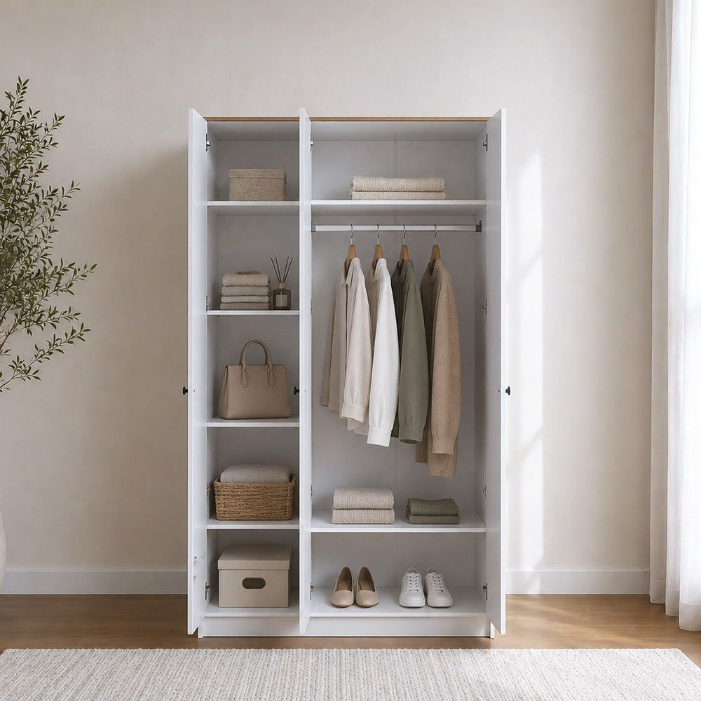 Pera 3 Door Wardrobe With Mirror White / Light Oak - Image 2