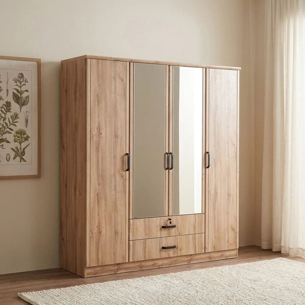 Raymond 4 Door Wardrobe With 2 Drawers & 2Mirrors-Canada Oak
