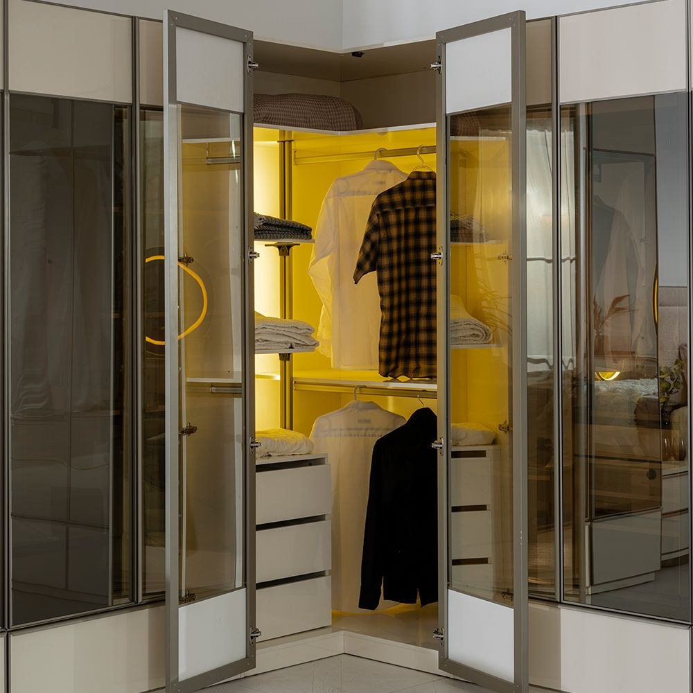 Paris Corner Wardrobe With Led & 3 Drawers - Beige - Image 2