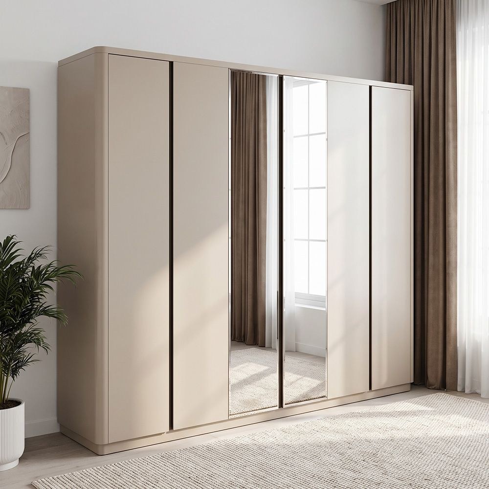 Revora 6 Door Wardrobe With 2 Mirrors And Led - Dark Beige/Brass