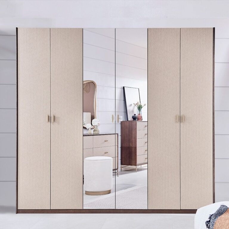 Atlanta 6-Door Wardrobe with 2 Mirrors - Walnut/Beige - With 2-Year Warranty