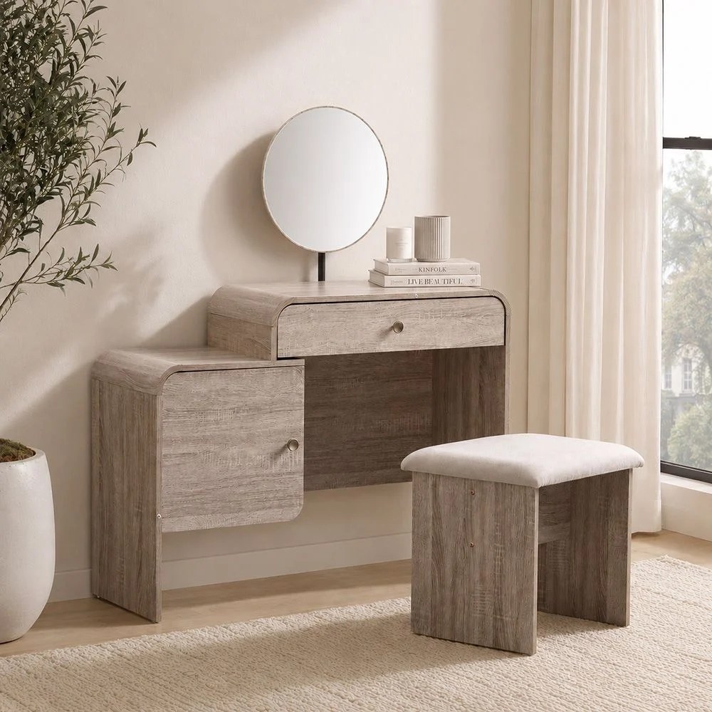 Monro Vanity Dresser with Mirror & Stool - Natural Oak - With 2-Year Warranty
