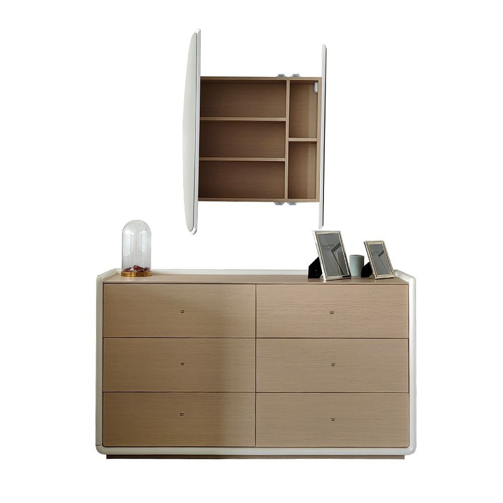 V2 Brita 6 Drawer Dresser Mirror with Storage-Beige/White Oak - Image 3