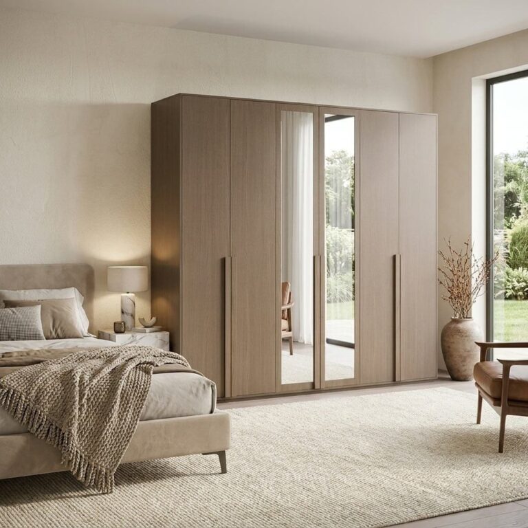 Allison 6-Door Wardrobe with Mirror and Drawers - Natural Oak - With 2-Year Warranty
