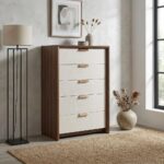 Terakkai Chest of 5 Drawers - Walnut/Beige/Bronze - With 2-Year Warranty