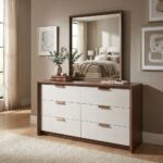 Terakkai Dresser With Mirror-Walnut/Beige/Bronze