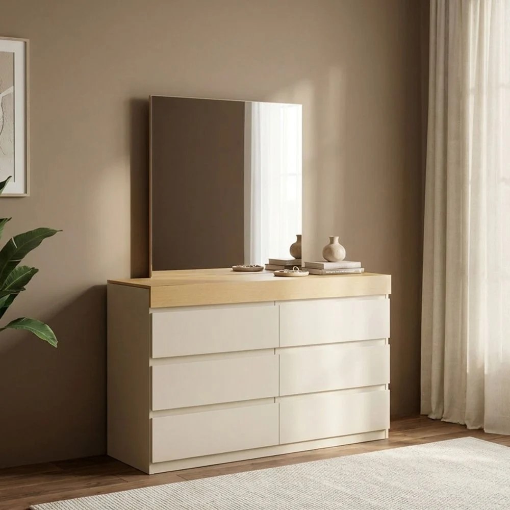 Bellano Dresser With Mirror + Hidden Storage - Taupe/Oak