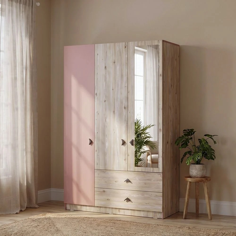 Bliss 3-Door Wardrobe with 2 Drawers & Mirror - Oak & Pink - With 5-Year Warranty