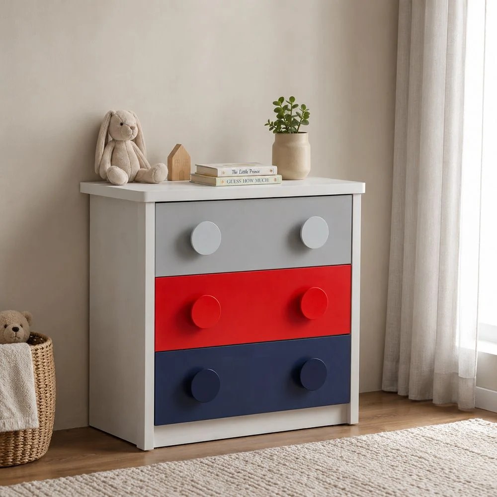 Blocks 3 Drawers Dresser-Grey &Red+Blue