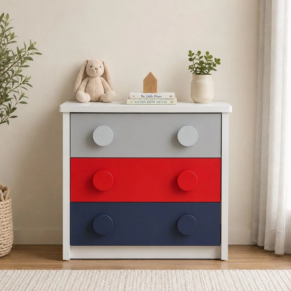 Blocks 3 Drawers Dresser-Grey &Red+Blue - Image 3