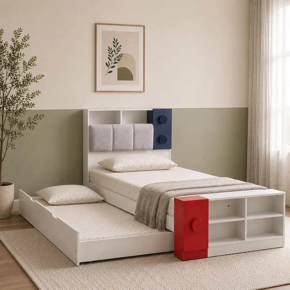 Blocks 90x200 Kids Bed & 90x190 Trundle Bed with Upholstered Headboard + USB - Grey & Red+Blue - With 2-Year Warranty