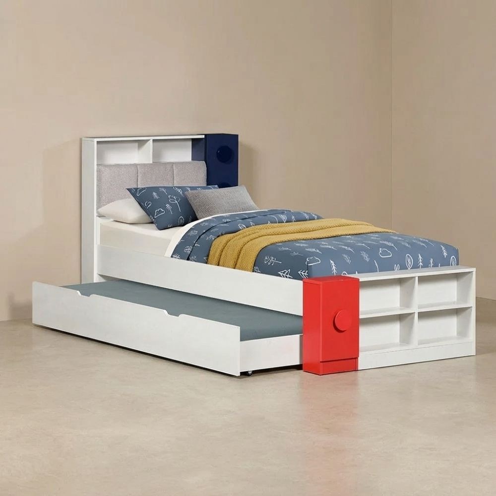 Blocks 90x200 Kids Bed & 90x190 Trundle Bed with Upholstered Headboard + USB - Grey & Red+Blue - With 2-Year Warranty - Image 2