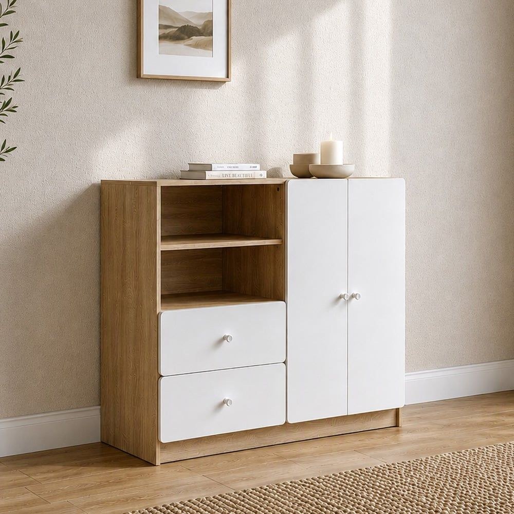 Kinder 2-Drawer & Open Shelves Dresser + 2-Door Mini Wardrobe - White & Sonoma Oak - With 2-Year Warranty