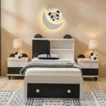 Panda 90x190 Single Bed with Headboard Storage & Front Drawer Storage-White/Black-With 2-Year Warranty