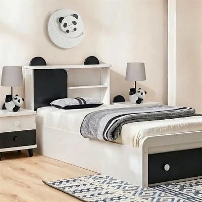 Panda 90x190 Single Bed with Headboard Storage & Front Drawer Storage-White/Black-With 2-Year Warranty - Image 3