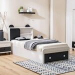 Panda 90x190 Single Bed with Headboard Storage & Front Drawer Storage-White/Black-With 2-Year Warranty