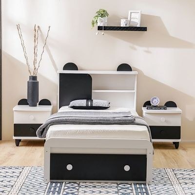Panda 90x190 Bedroom Set with Headboard Storage & Front Drawer Storage-White/Black-With 2-Year Warranty - Image 3