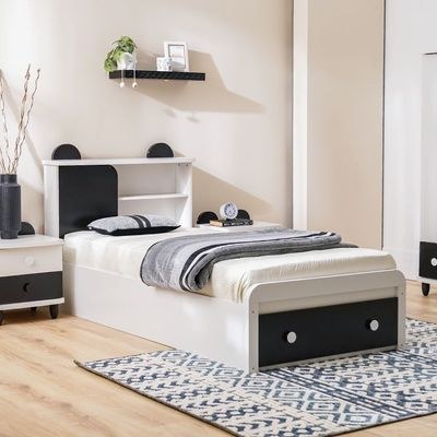 Panda 90x190 Bedroom Set with Headboard Storage & Front Drawer Storage-White/Black-With 2-Year Warranty - Image 4