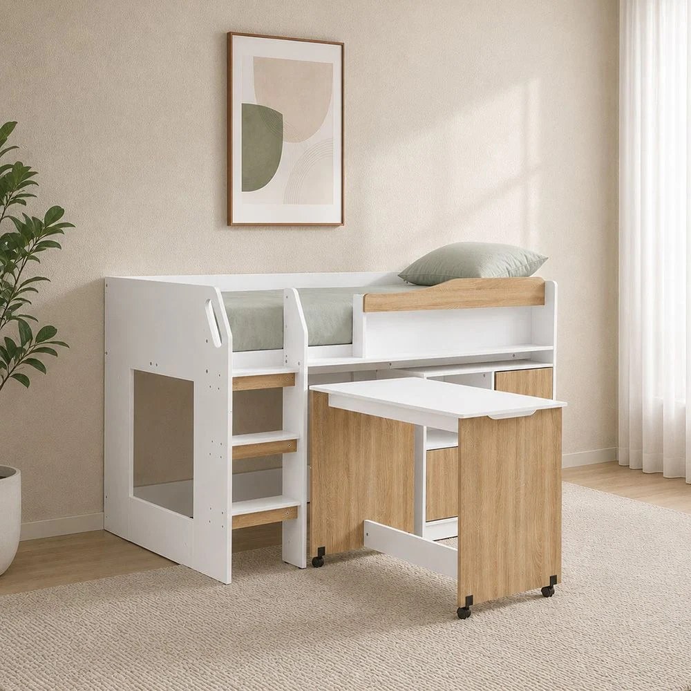 Kinder 90x190 Mid Sleeper Bed with Study Desk & Storage-White & Sonoma Oak-With 2-Year Warranty